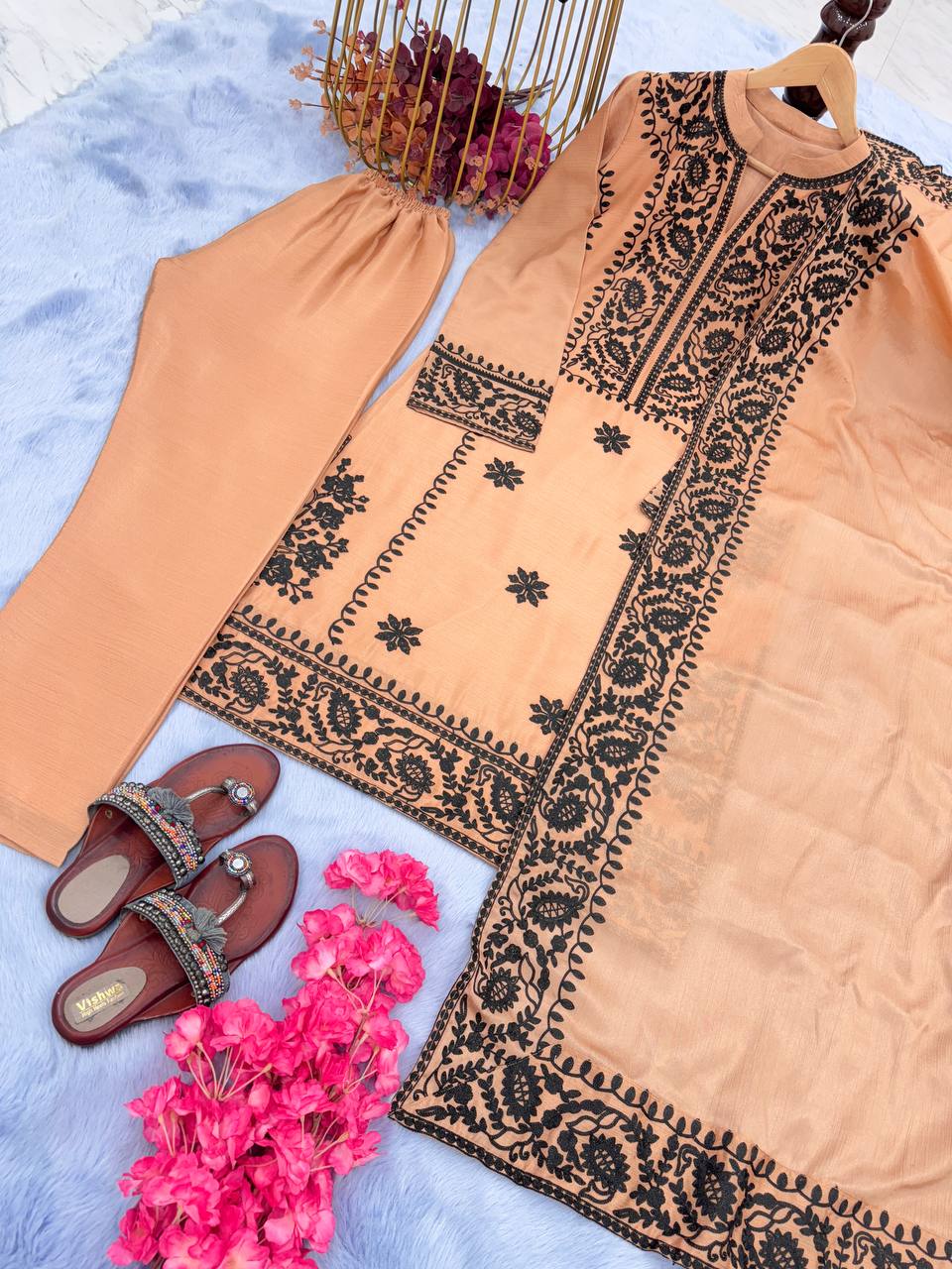 Demanding Peach Color Thread Work Salwar Suit