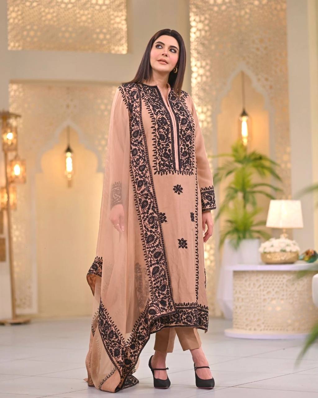 Demanding Peach Color Thread Work Salwar Suit