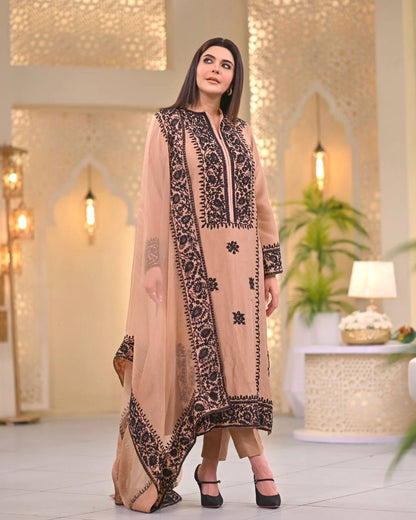 Demanding Peach Color Thread Work Salwar Suit