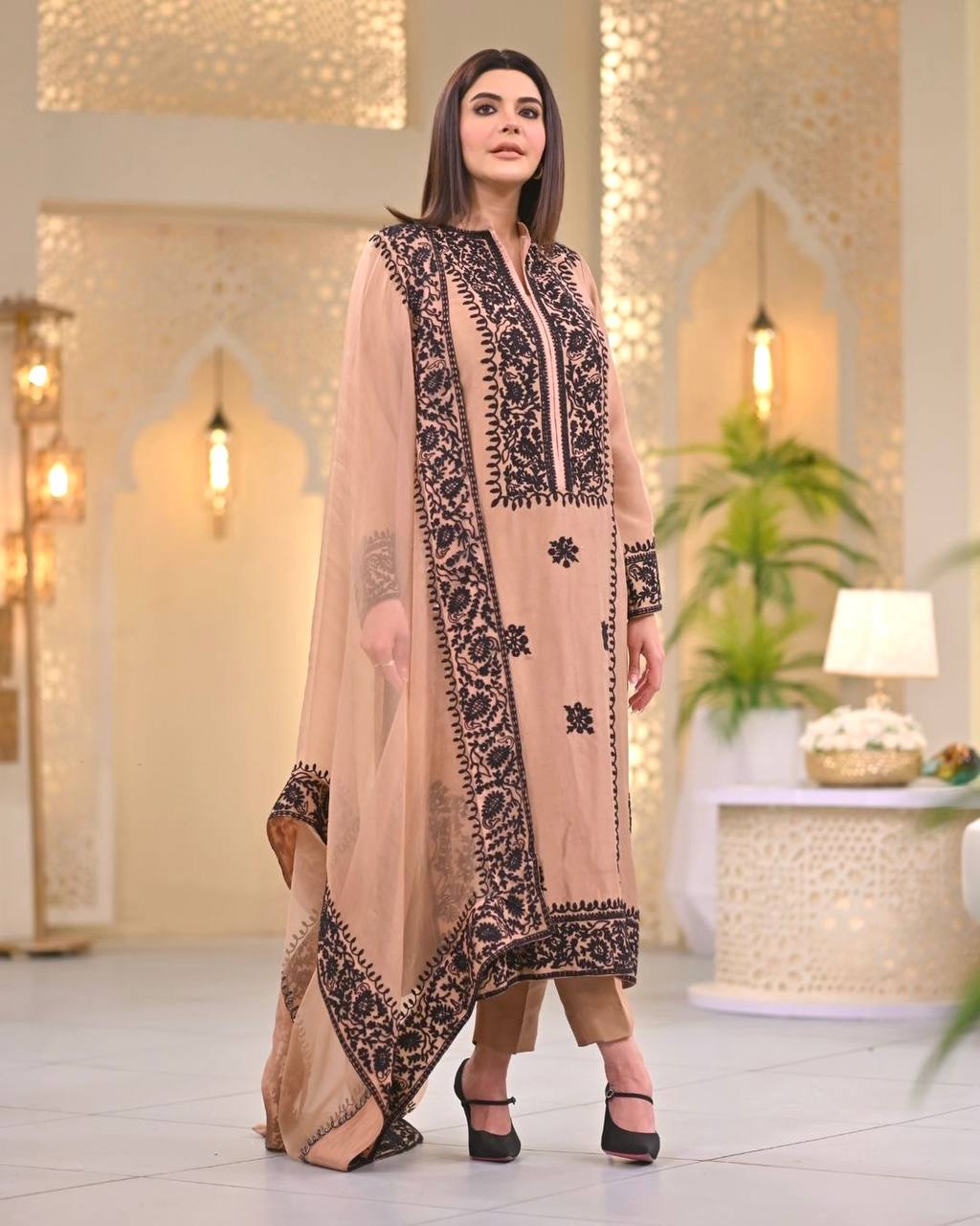 Demanding Peach Color Thread Work Salwar Suit