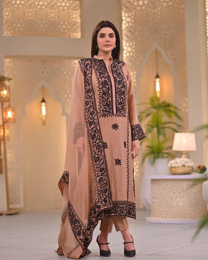 Demanding Peach Color Thread Work Salwar Suit