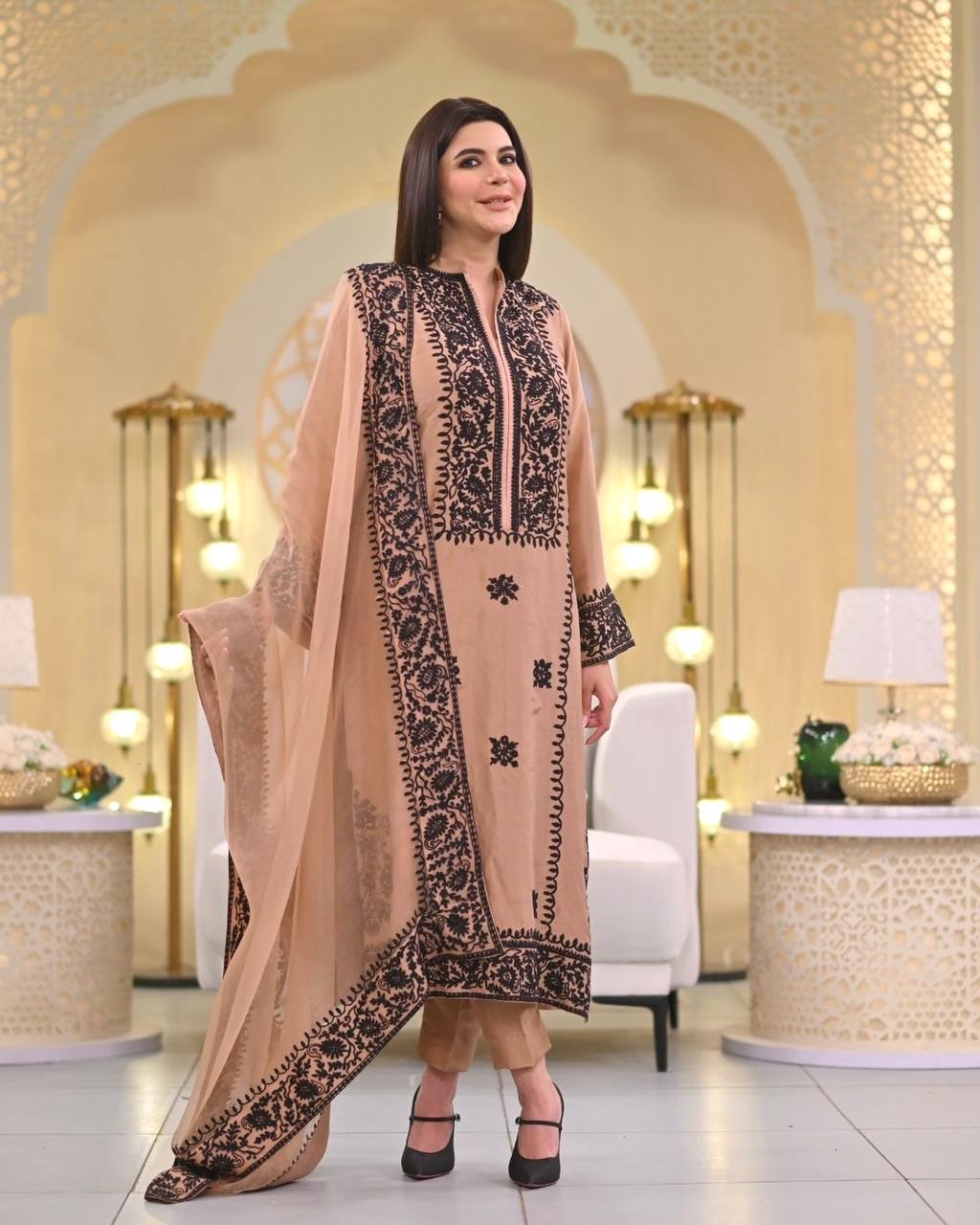 Demanding Peach Color Thread Work Salwar Suit
