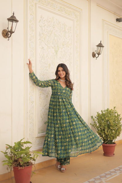 Festive Wear Teal Blue Color Foil Print Gown With Palazzo