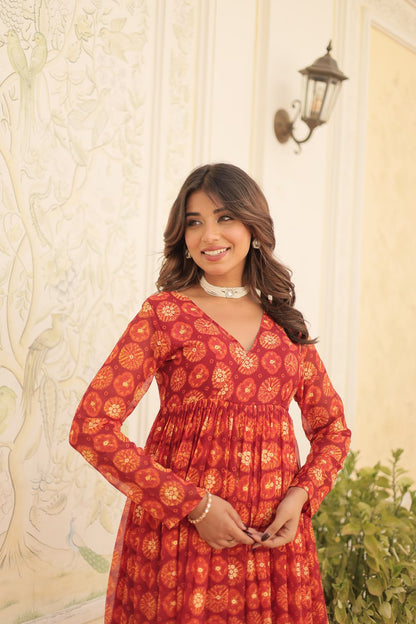 Festive Wear Red Color Foil Print Gown With Palazzo