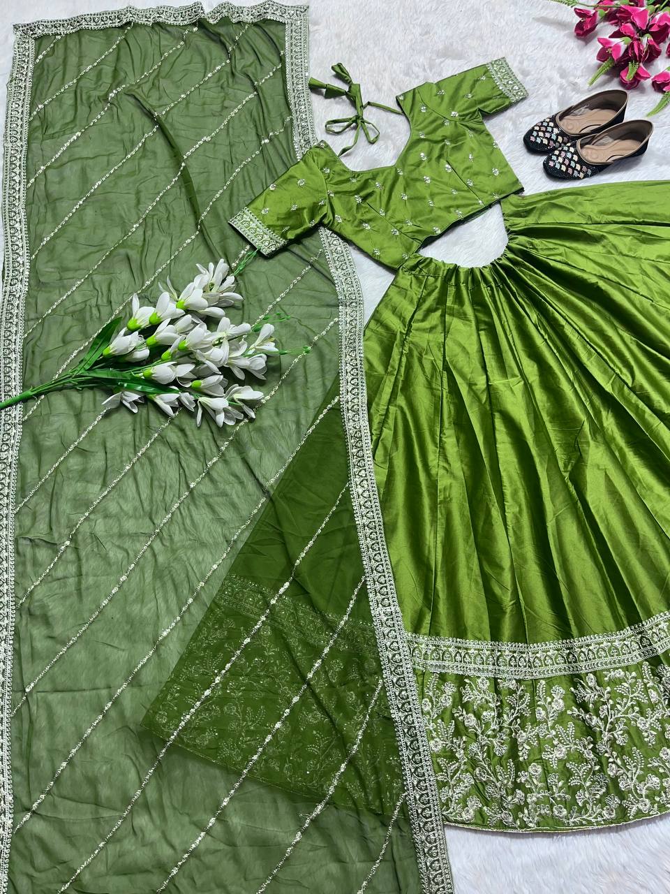 Good Looking Parrot Green Color With Work Lehenga Choli