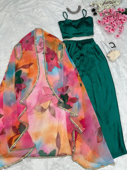 Fashionable Bottle Green Color Dhoti Top With Multi Print Shrug