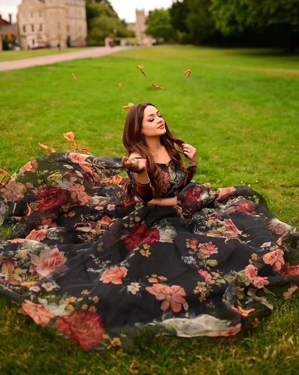 Organza Black Color Multi Flower Print Lehenga Choli