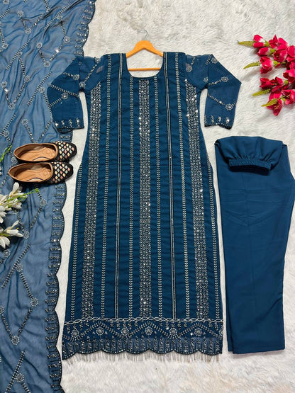 Fabulous Embroidery Sequence Teal Blue Color Salwar Suit