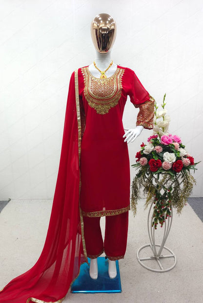 Imposing Red Color Embroidery Work Salwar Suit