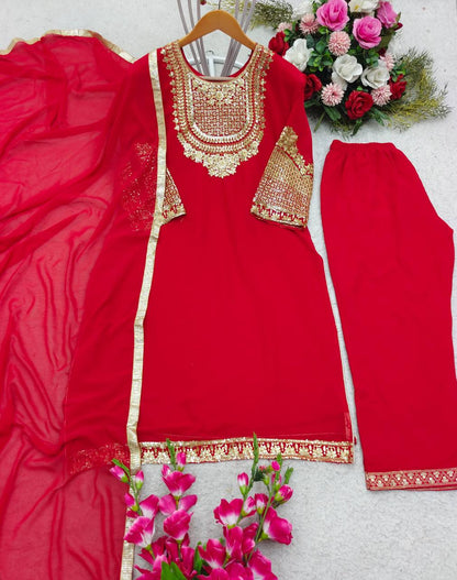 Imposing Red Color Embroidery Work Salwar Suit