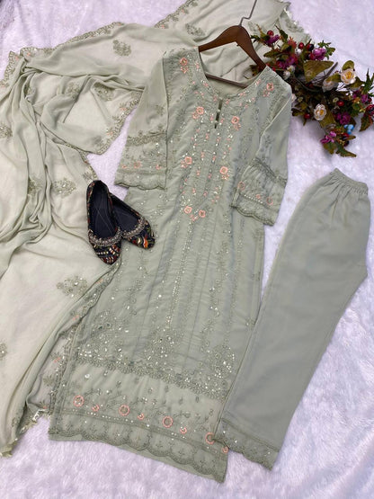 Gorgeous Thread Work Pista Green Color Salwar Suit