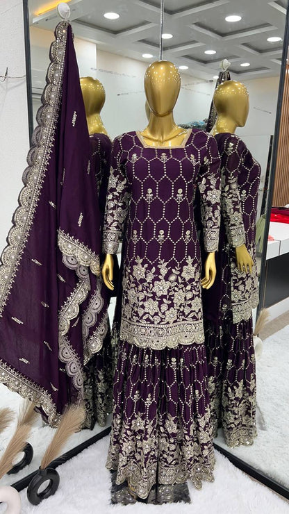 Stylish Purple Color Embroidery Mirror Work Sharara Suit