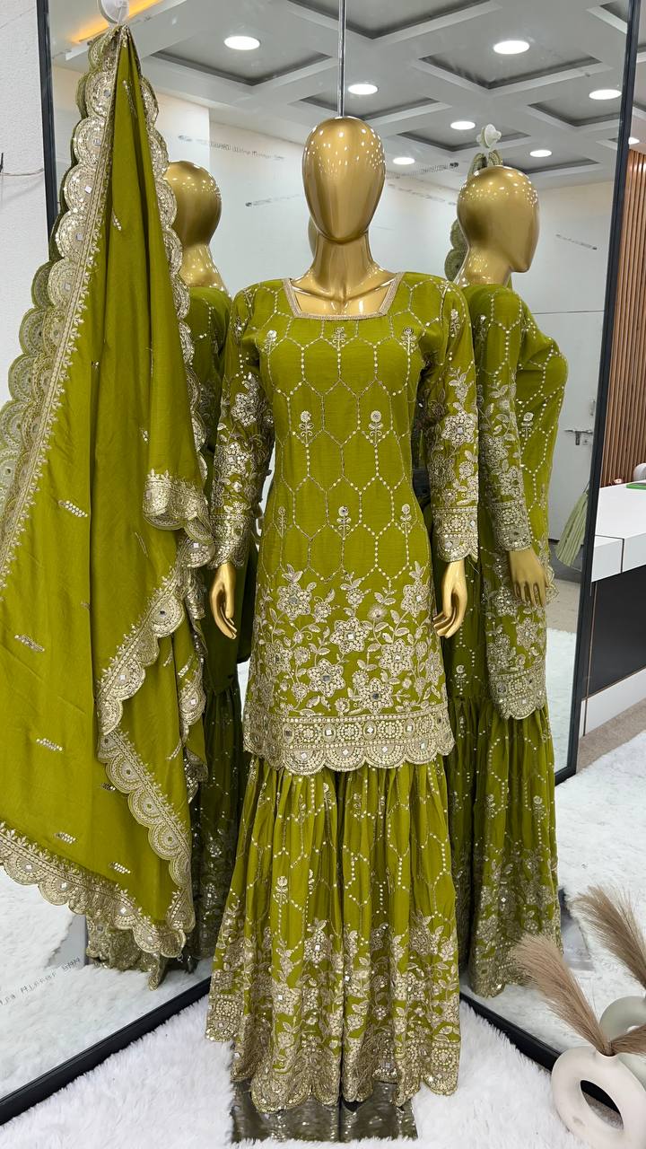 Stylish Green Color Embroidery Mirror Work Sharara Suit