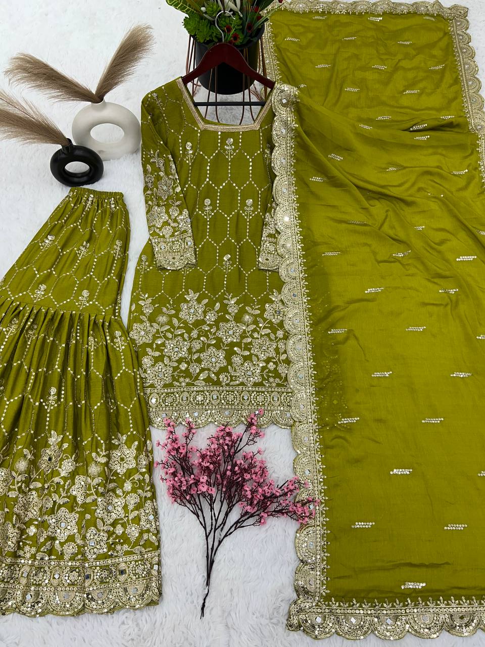 Stylish Green Color Embroidery Mirror Work Sharara Suit