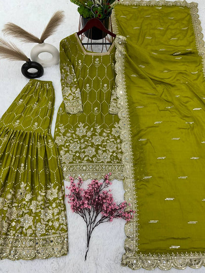 Stylish Green Color Embroidery Mirror Work Sharara Suit