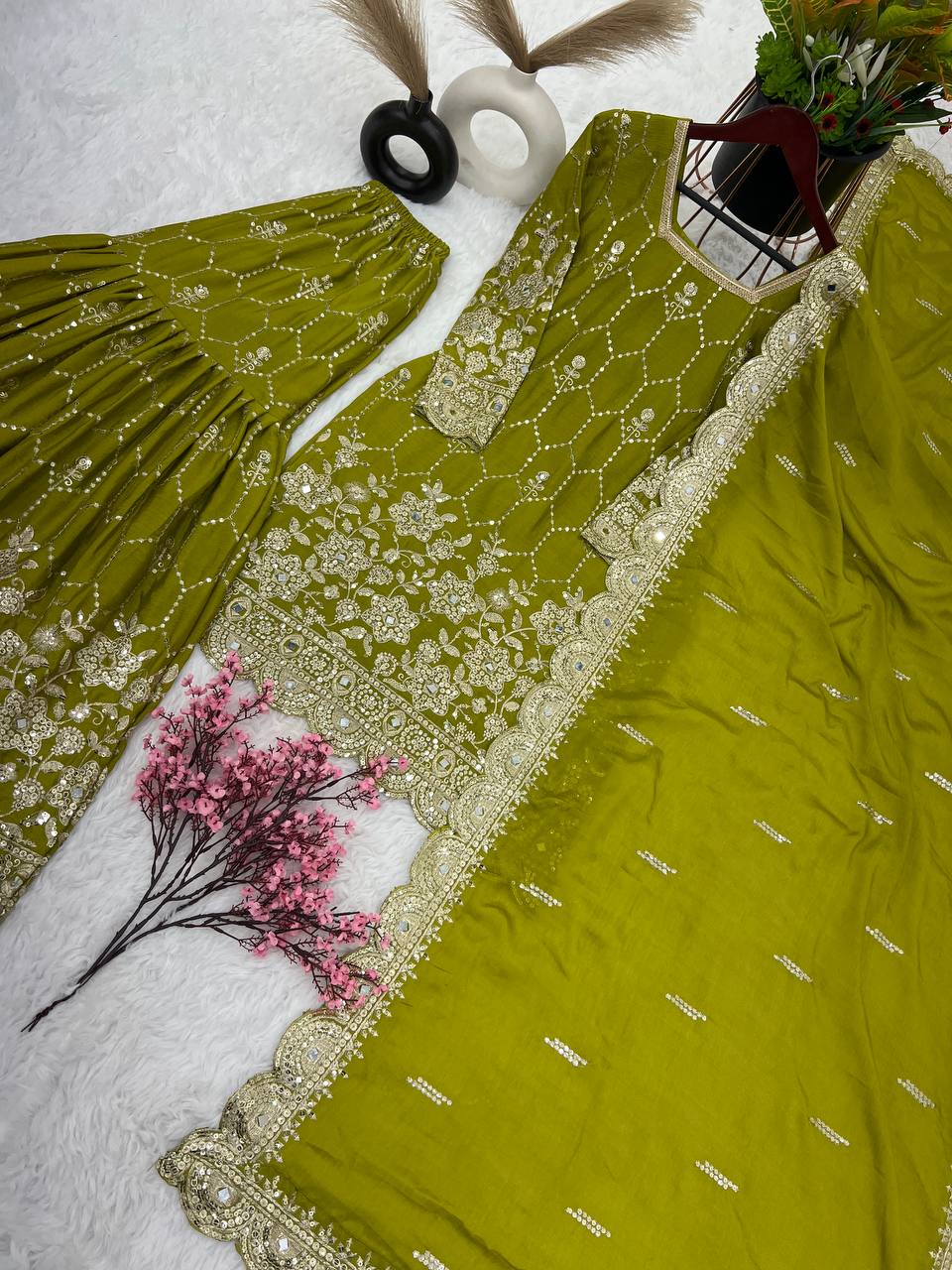 Stylish Green Color Embroidery Mirror Work Sharara Suit