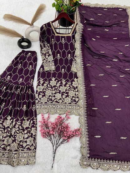 Stylish Purple Color Embroidery Mirror Work Sharara Suit