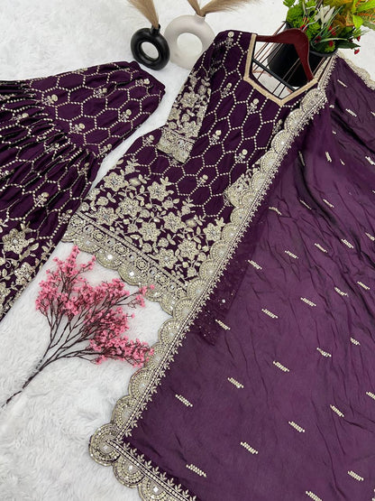 Stylish Purple Color Embroidery Mirror Work Sharara Suit