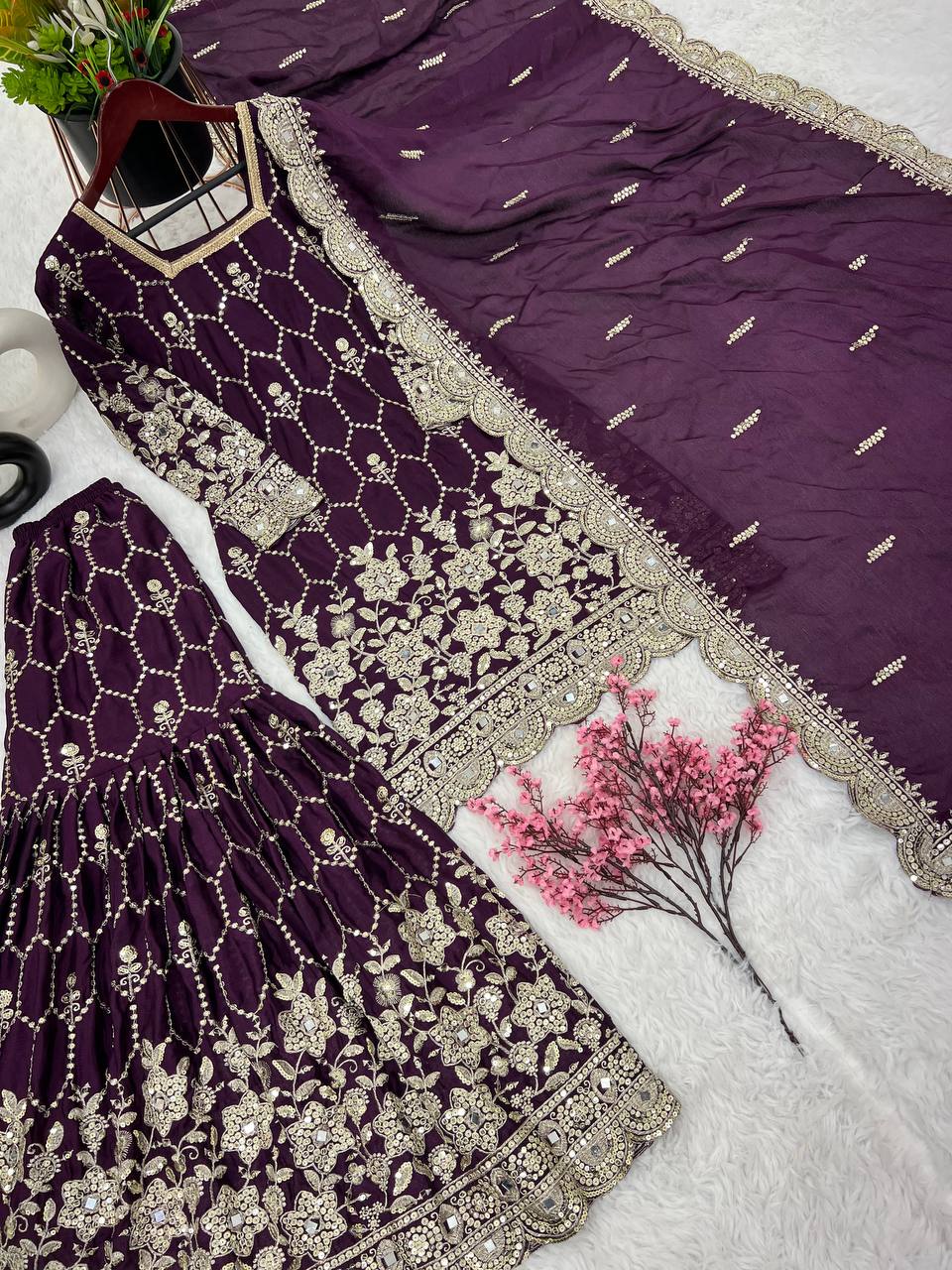 Stylish Purple Color Embroidery Mirror Work Sharara Suit