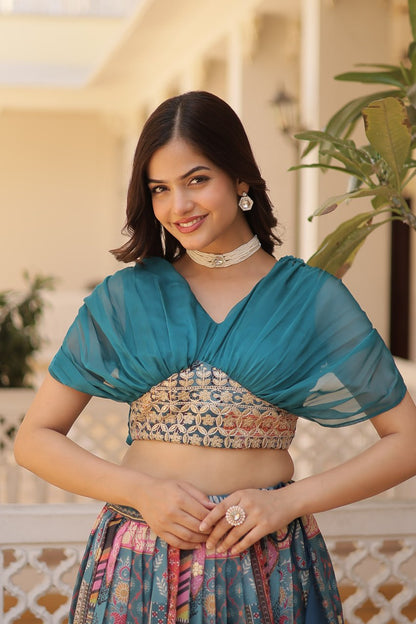 Stylish Digital Print Sky Blue Lehenga With Crop Top