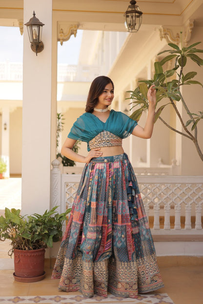 Stylish Digital Print Sky Blue Lehenga With Crop Top