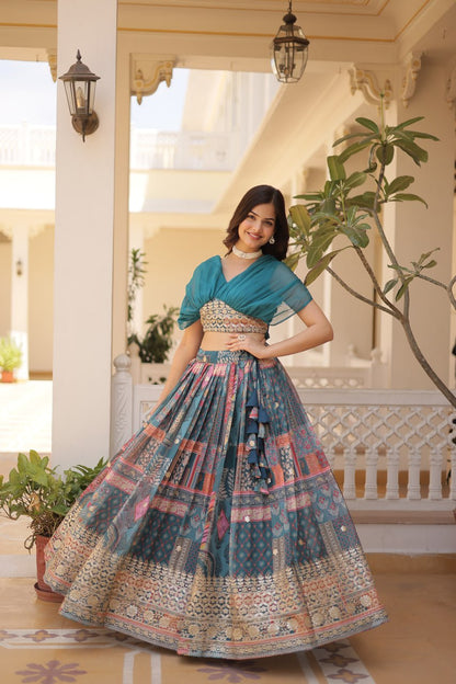Stylish Digital Print Sky Blue Lehenga With Crop Top