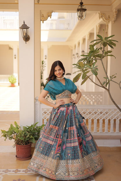 Stylish Digital Print Sky Blue Lehenga With Crop Top