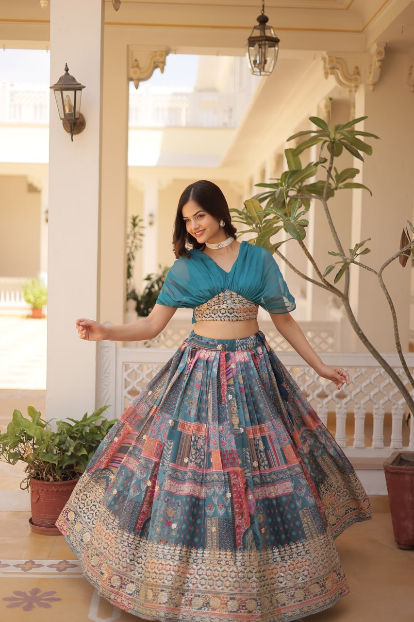 Stylish Digital Print Sky Blue Lehenga With Crop Top