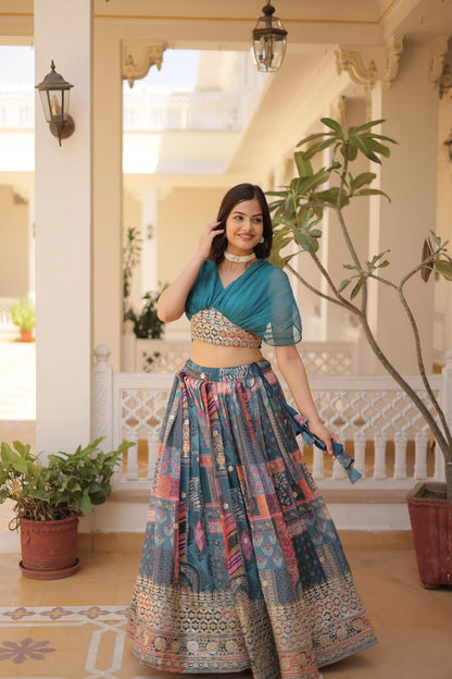 Stylish Digital Print Sky Blue Lehenga With Crop Top