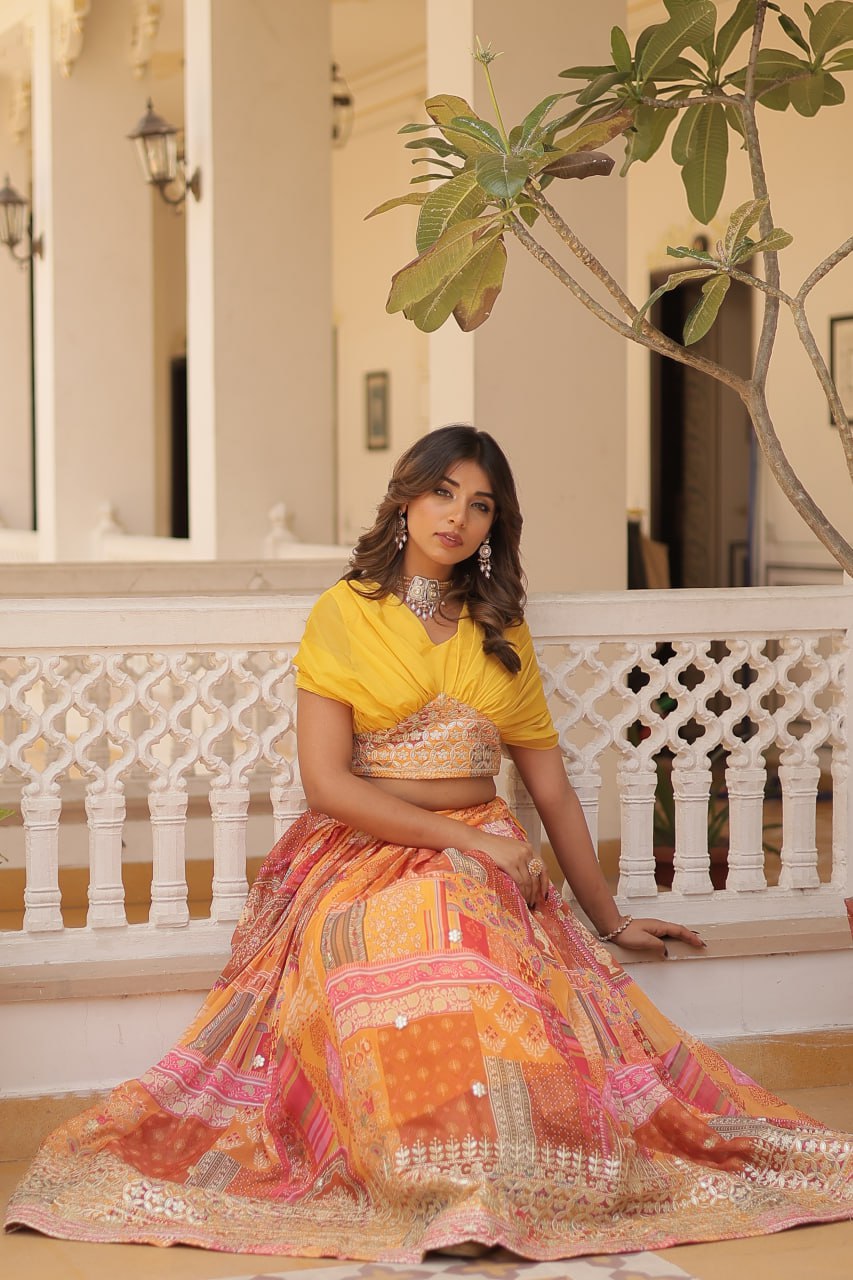 Stylish Digital Print Yellow Lehenga With Crop Top