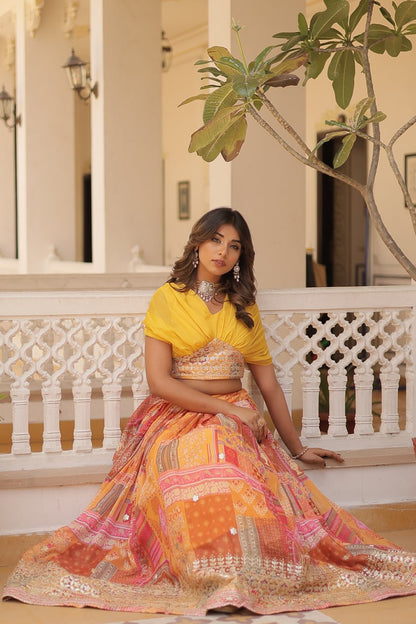 Stylish Digital Print Yellow Lehenga With Crop Top