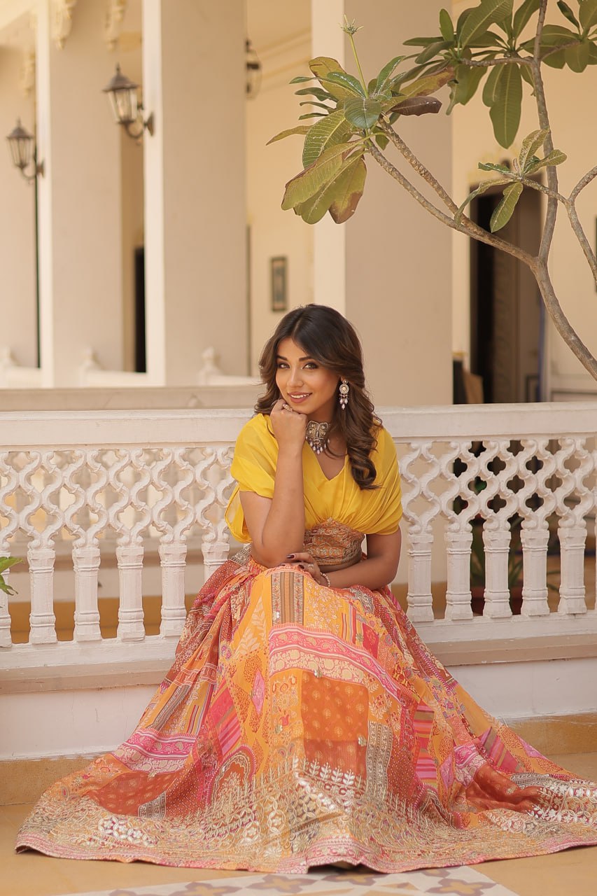 Stylish Digital Print Yellow Lehenga With Crop Top