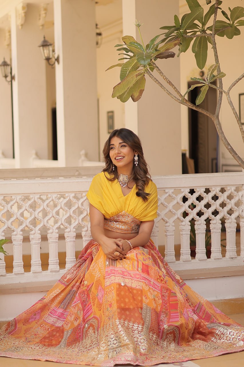 Stylish Digital Print Yellow Lehenga With Crop Top