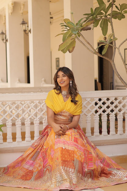 Stylish Digital Print Yellow Lehenga With Crop Top