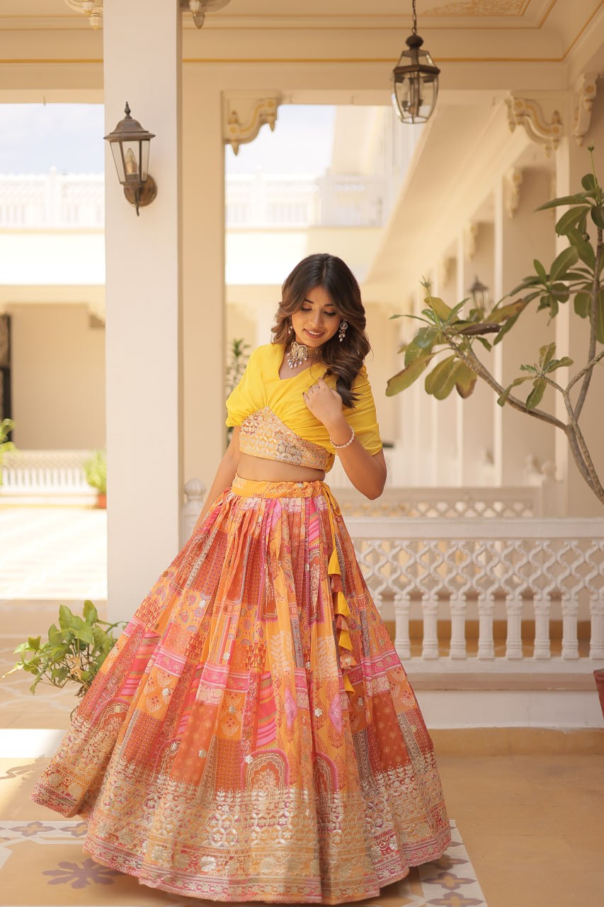 Stylish Digital Print Yellow Lehenga With Crop Top
