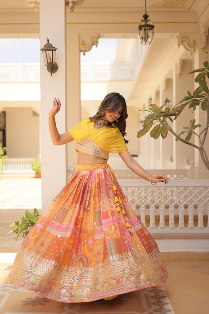 Stylish Digital Print Yellow Lehenga With Crop Top