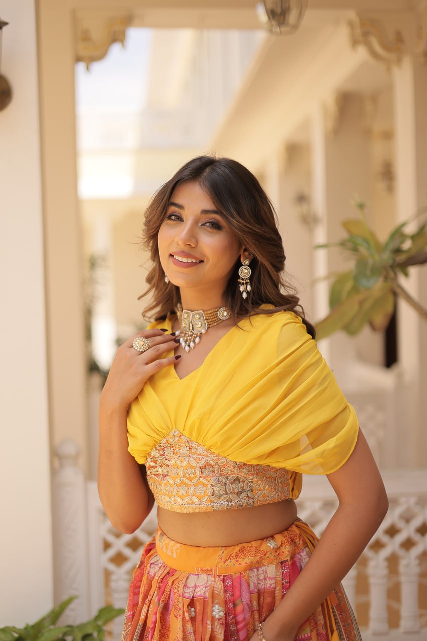 Stylish Digital Print Yellow Lehenga With Crop Top