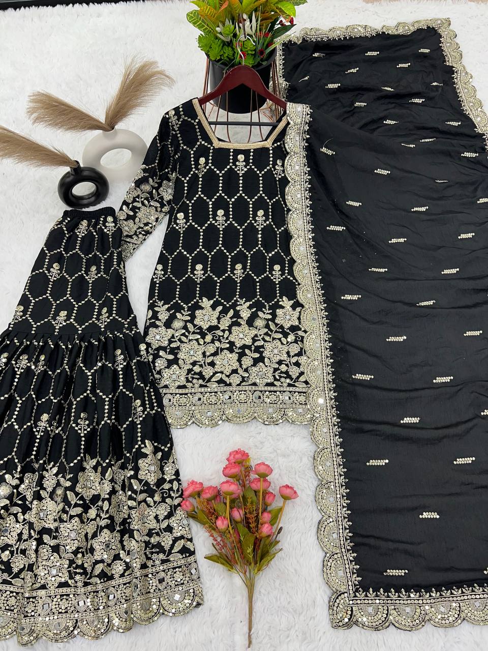 Stylish Black Color Embroidery Mirror Work Sharara Suit