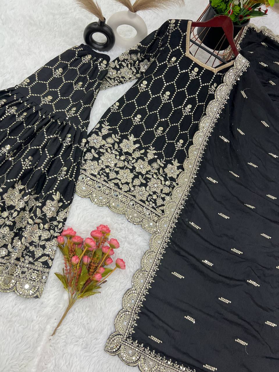 Stylish Black Color Embroidery Mirror Work Sharara Suit