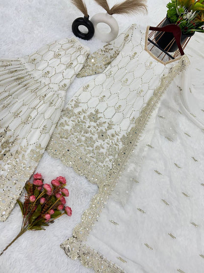 Stylish White Color Embroidery Mirror Work Sharara Suit