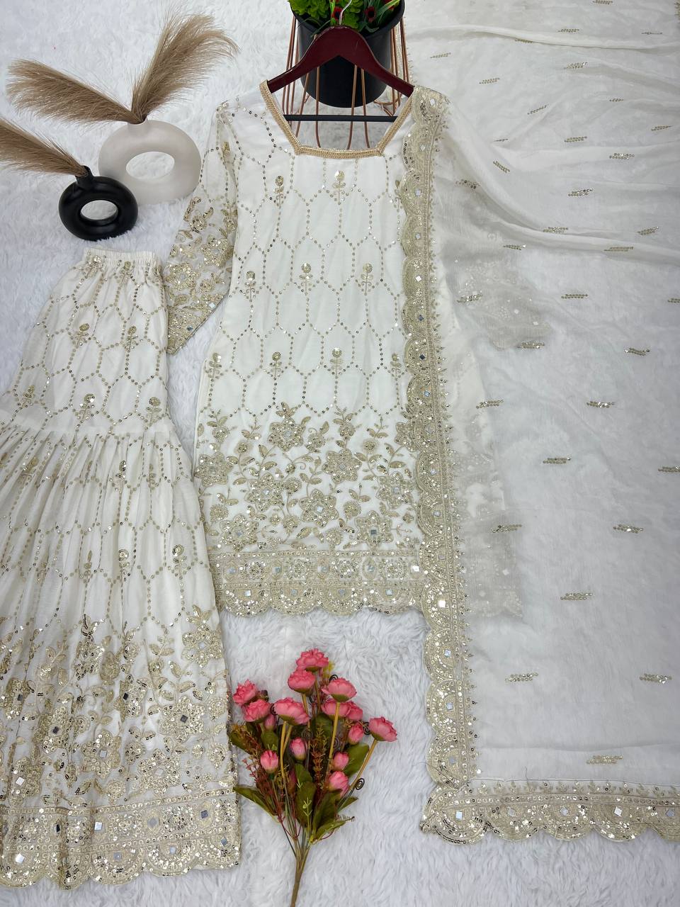 Stylish White Color Embroidery Mirror Work Sharara Suit