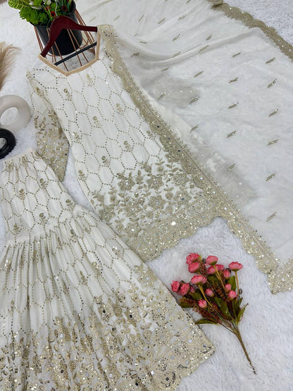 Stylish White Color Embroidery Mirror Work Sharara Suit