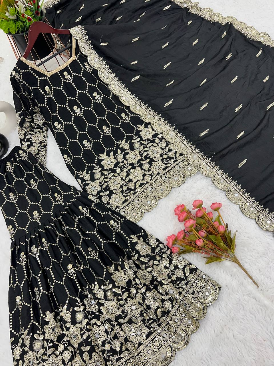 Stylish Black Color Embroidery Mirror Work Sharara Suit