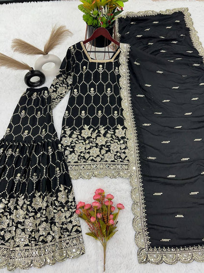 Stylish Black Color Embroidery Mirror Work Sharara Suit