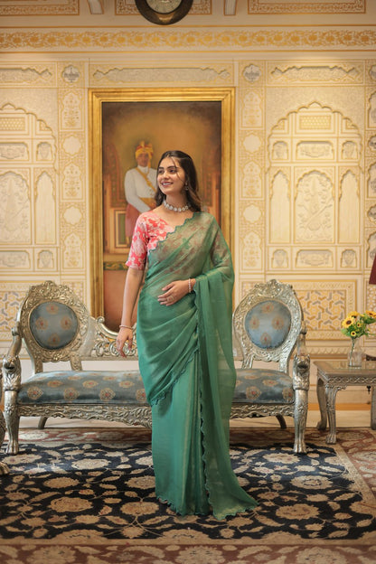 Captivating Cut Work Border Aqua Green Color Saree