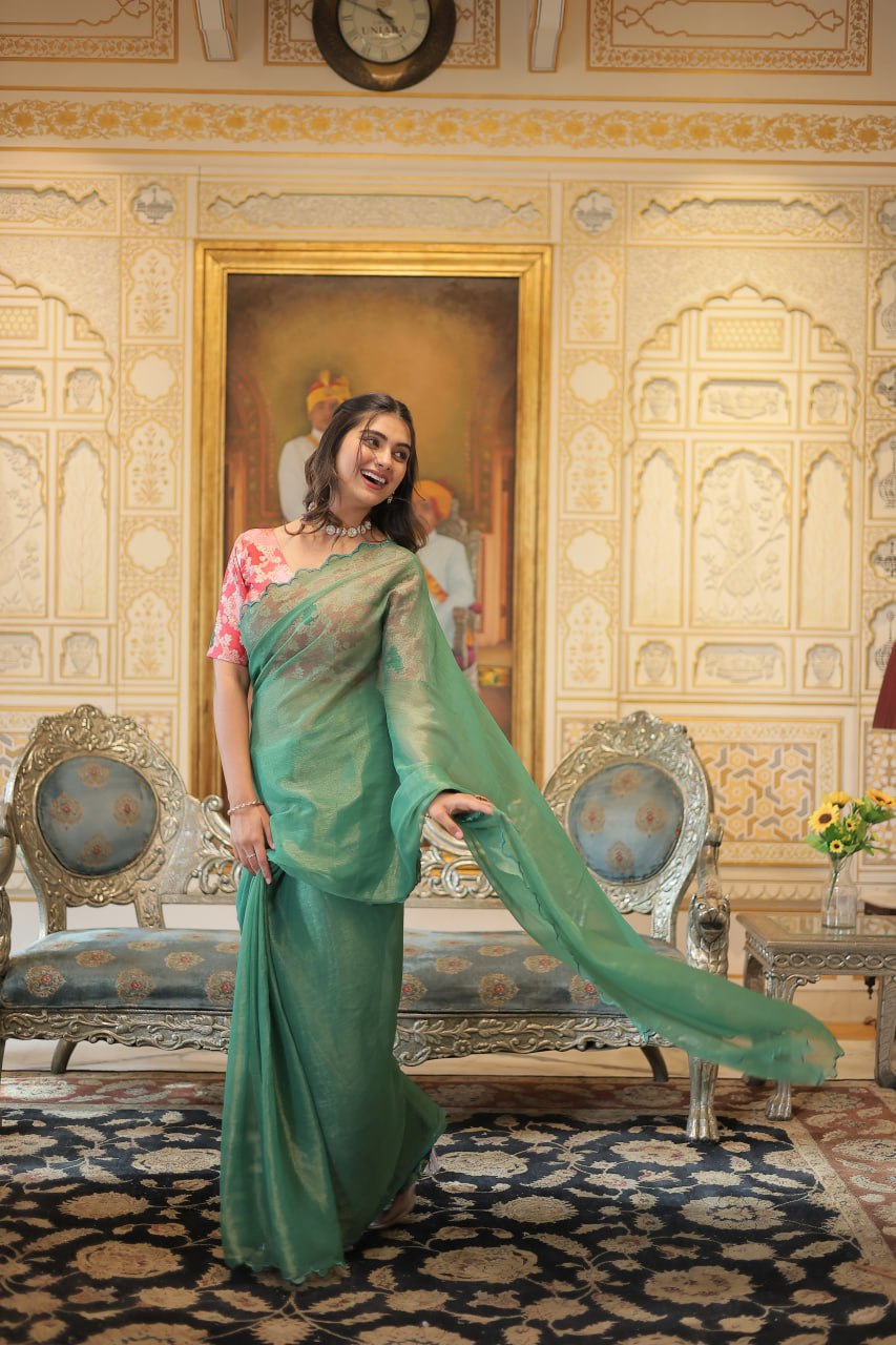 Captivating Cut Work Border Aqua Green Color Saree
