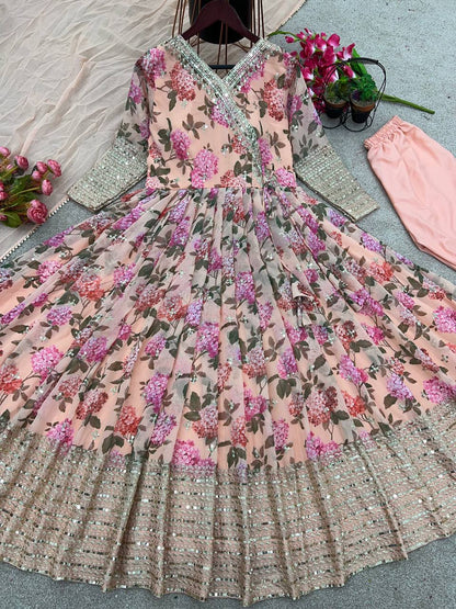 Stylish Peach Color Embroidery Sequence Work Gown