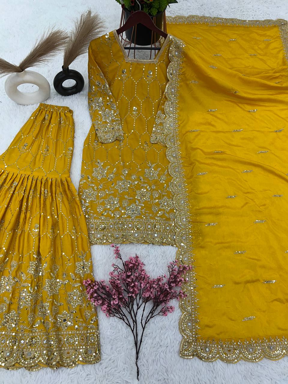 Stylish Mustard Color Embroidery Mirror Work Sharara Suit