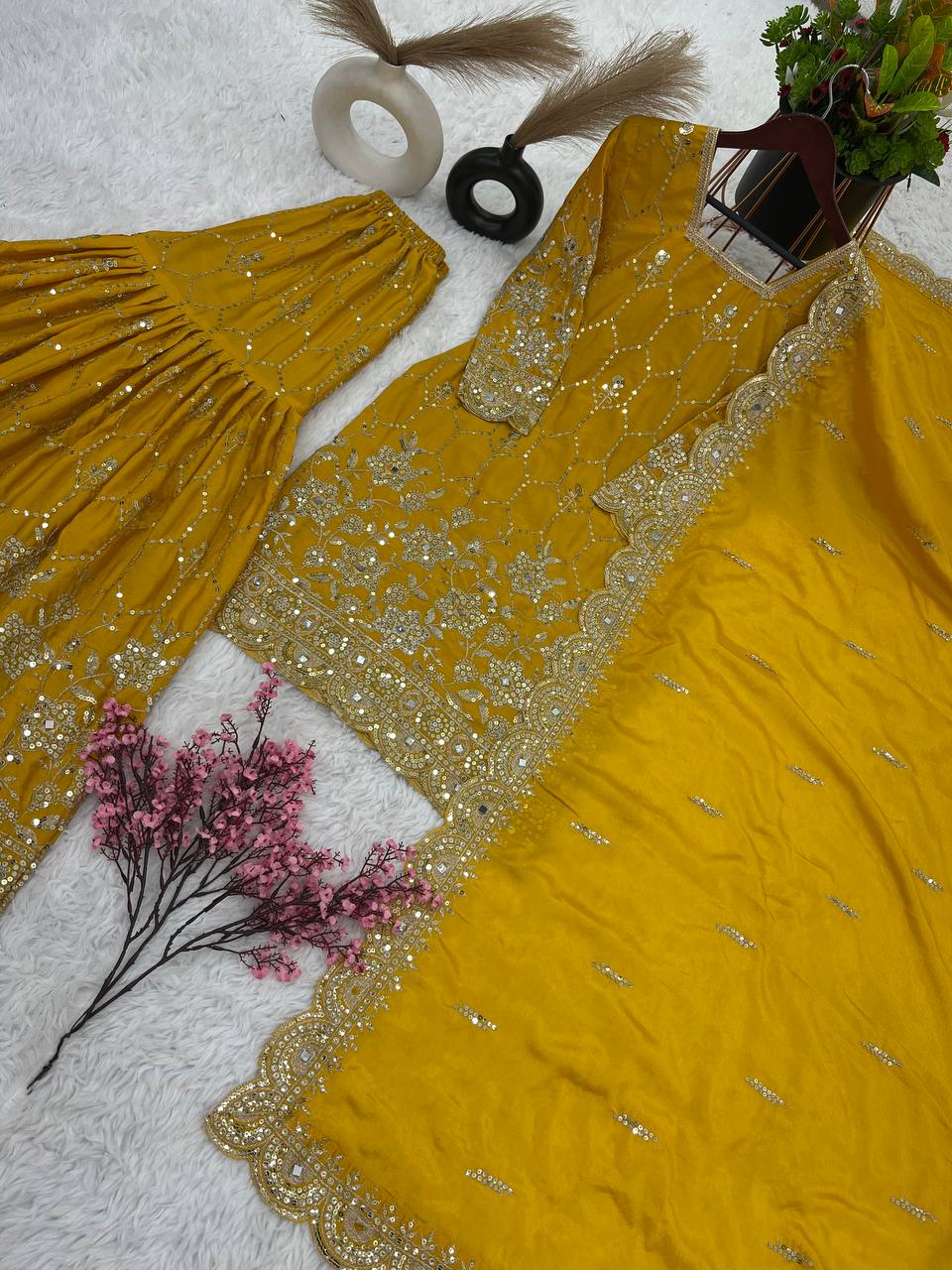 Stylish Mustard Color Embroidery Mirror Work Sharara Suit