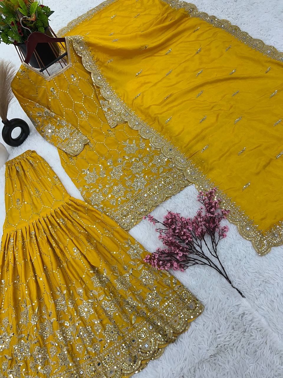 Stylish Mustard Color Embroidery Mirror Work Sharara Suit